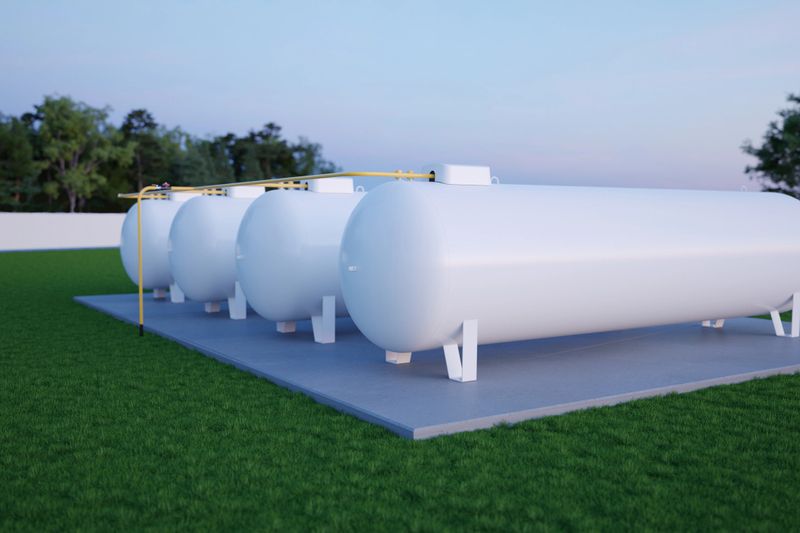 3D illustration of large horizontal gas tanks at an industrial storage site. Metal propane or fuel containers designed for energy storage, pipeline distribution, and safe handling. Ideal for concepts related to industrial facilities, energy infrastructure, fuel management, storage systems, and modern industrial technology.