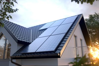 Solar panels installed on a residential roof at sunset.