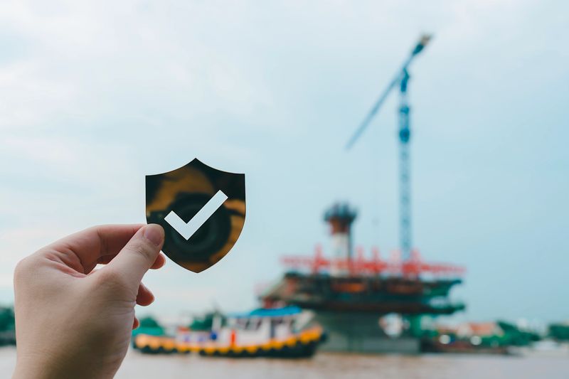 Hand holding shield icon with check mark over blurred construction site background, representing industrial safety, project insurance, risk management, compliance assurance, infrastructure protection, and construction security concept.
