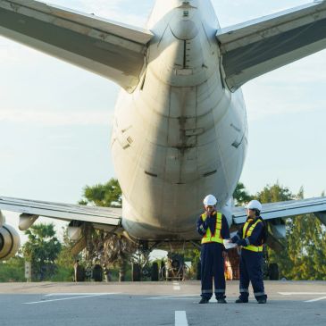 Two ground crew members talking under an airplane.