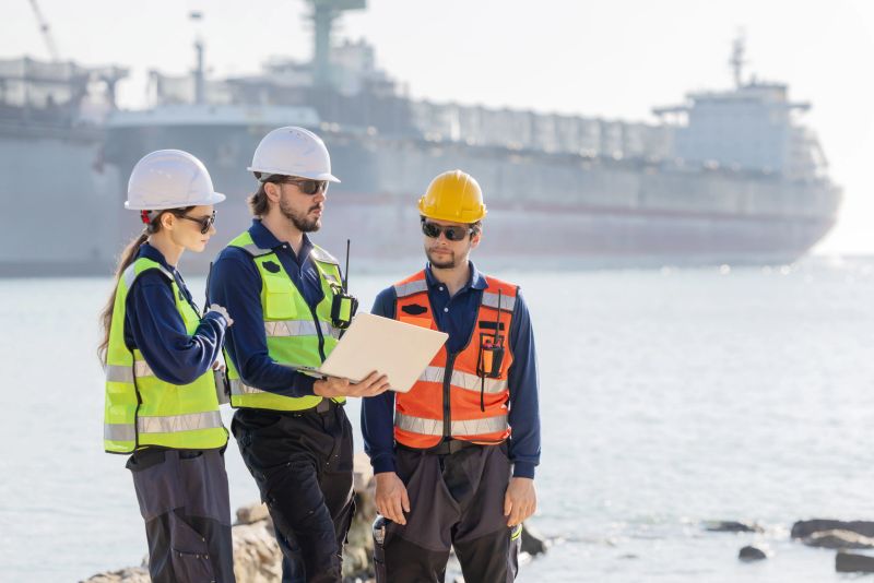 Workers discuss plans at a port with a cargo ship in the background during a sunny day near the water