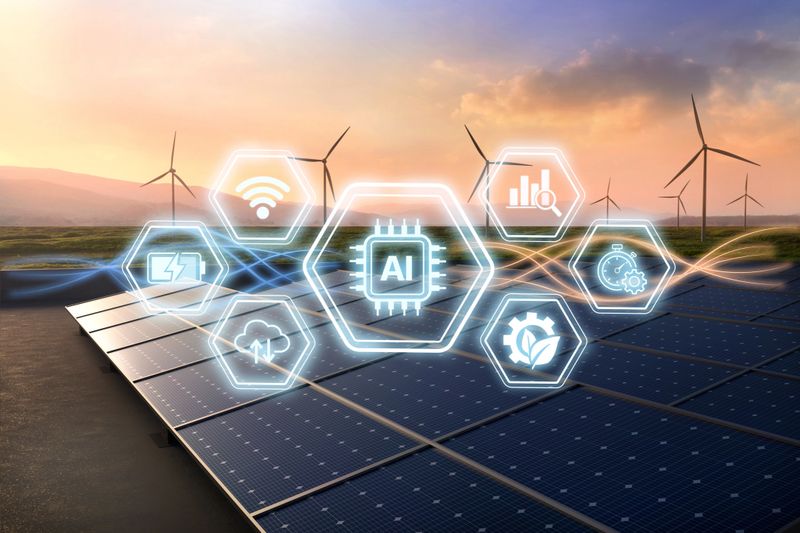 AI-powered smart grid system visualizing solar and wind energy management with glowing network icons, renewable power optimization and sustainable infrastructure concept.