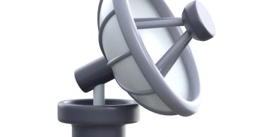 3D illustration of a satellite dish antenna in gray and white.