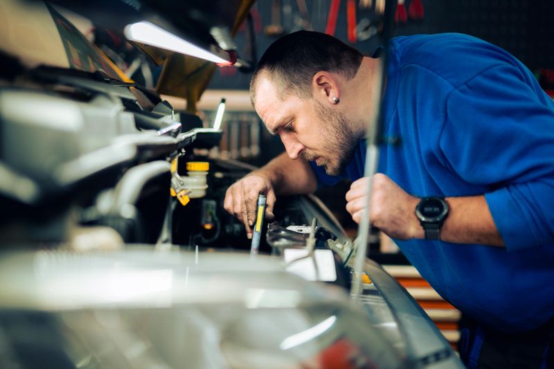 Shot of male car mechanic working on an engine at a car repair shop.