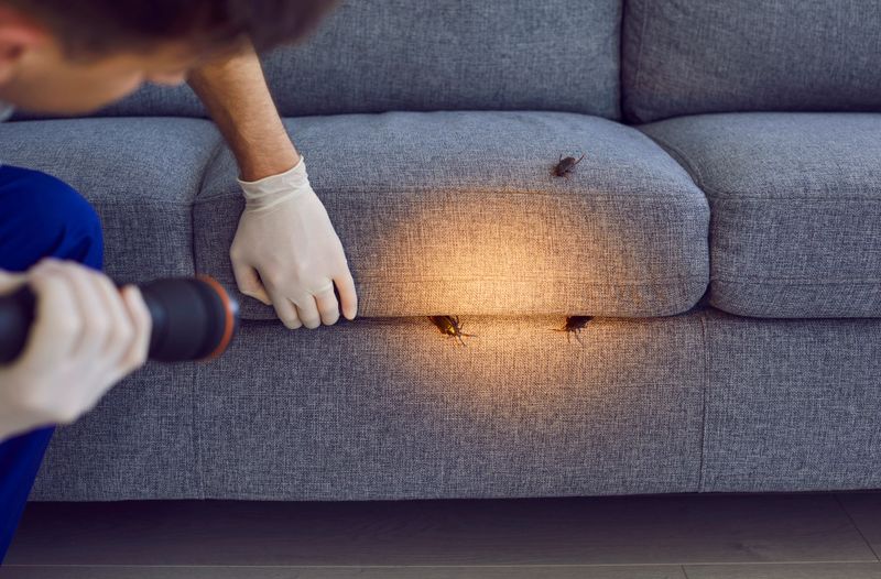 Pest control worker examines a home sofa for cockroaches and other pests using a flashlight. This inspection aims for effective insect disinfection and control, ensuring a insect free living space.