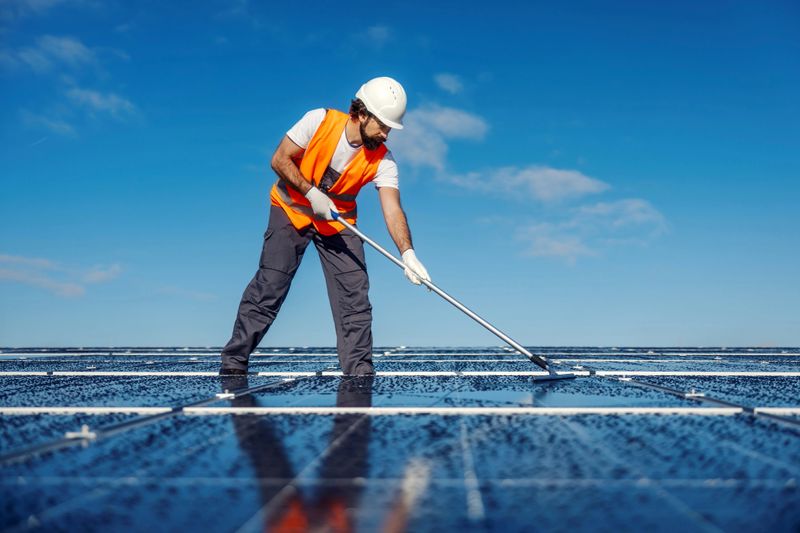 Adult man cleaning solar panels with a long squeegee, ensuring optimal performance and efficiency for sustainable energy generation under a clear blue sky