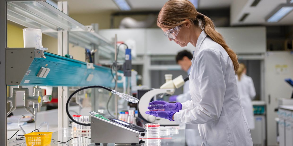 Scientist examining a petri dish in a laboratory.