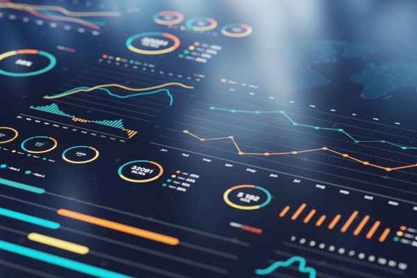 Digital dashboard with colorful data charts and graphs.