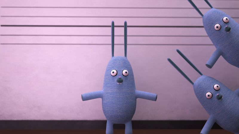 3D render of a blue rabbit standing in front of a lineup height chart wall, with two other rabbits partially visible on the right edge, creating a group scene.