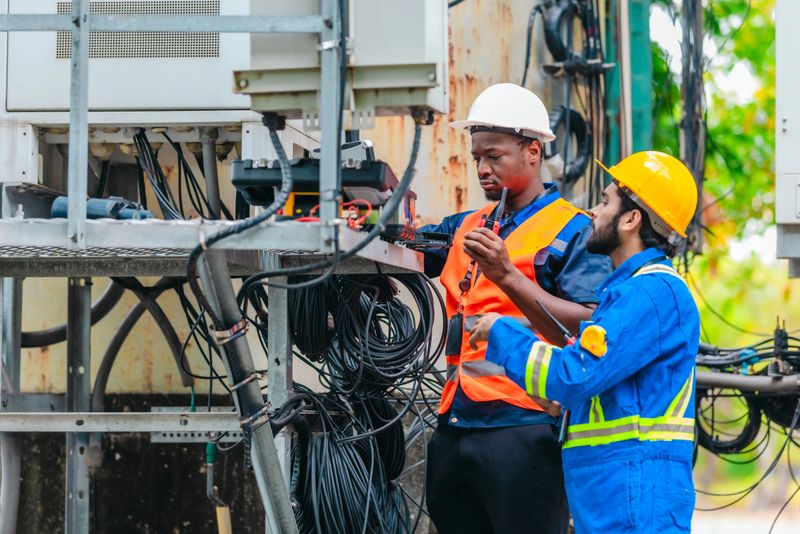 Telecom engineer and technician inspect communication equipment during network maintenance and upgrade operation. Infrastructure inspection, troubleshooting, cable management for reliable connectivity