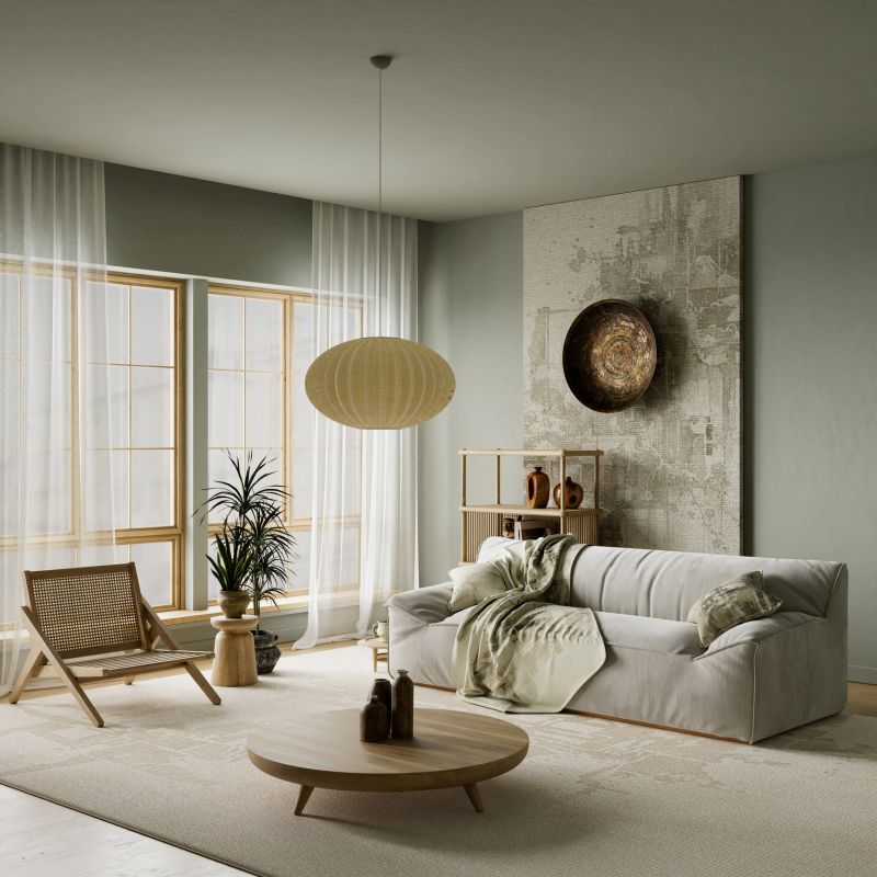 Minimal japandi living room interior with natural daylight, wooden details, soft neutral colors and calm decor created for modern interior design and lifestyle use. 3D illustration