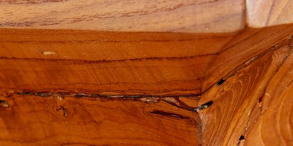 Close-up of a wooden surface with natural cracks and grain patterns.