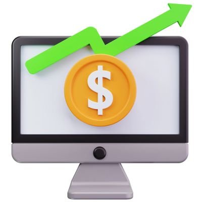 Computer screen showing dollar sign and upward green arrow.