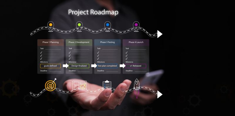 Digital roadmap infographic showing four project management phases with a hand holding progress icons, representing planning, development, testing, and launch. Ideal for business strategy visuals.