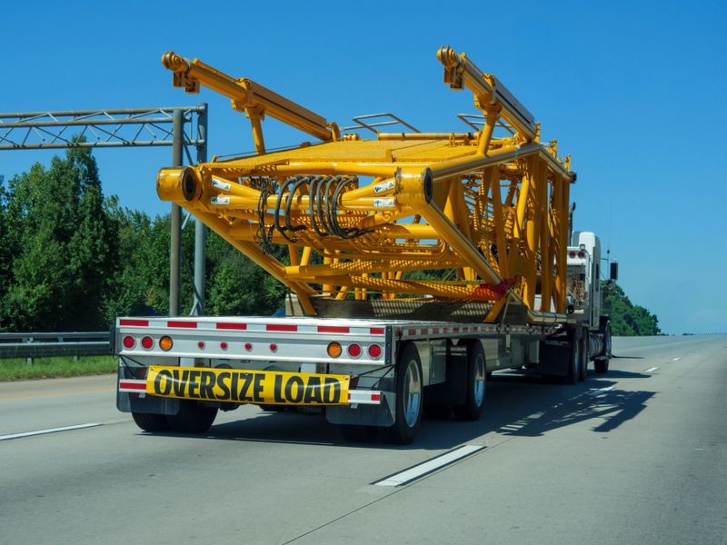 The image shows a Semi-Truck Transporting Industrial Equipment with "Oversize Load" Sign, emphasizing specialized logistics and heavy machinery transport.  Perfect "hero image" for logistics companies, safety training modules, or heavy equipment manufacturers.