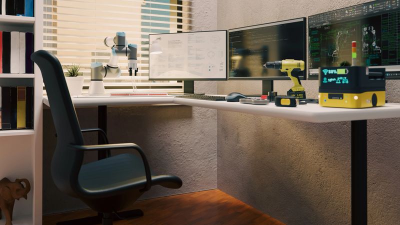 A spacious high-tech workspace featuring a collaborative robot (Cobot) on a desk, triple monitor setup with engineering data, and various industrial tools. The cinematic lighting through office blinds creates a modern research and development atmosphere.
