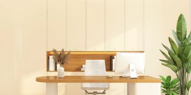 Minimalist wooden desk setup with a computer and green plant in a bright room.