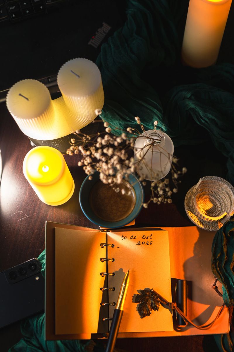 Cozy and atmospheric flat lay workspace with notebook, coffee cup, candles, smartphone, and warm ambient light. A minimalist to-do list for 2026 lies open on a dark desk, surrounded by soft green textile, dried flowers, and decorative elements. Concept of planning, productivity, slow living, mindfulness, self-care, home office, and New Year goals. Warm tones create a calm and inspirational mood.