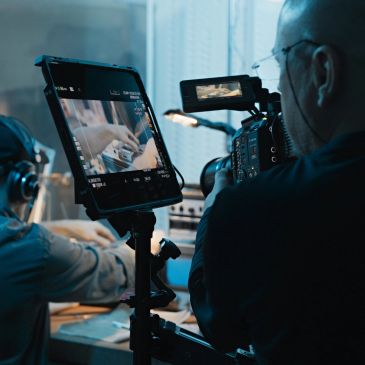 Man filming with professional camera setup indoors.