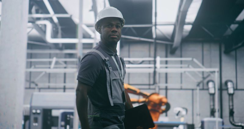 Professional Plant Manager Moving Through Industrial Workshop With Tablet in Hand, Reviewing Production Systems, Supervising Robotic Assembly Lines and Ensuring Efficiency in Modern Smart Factory.