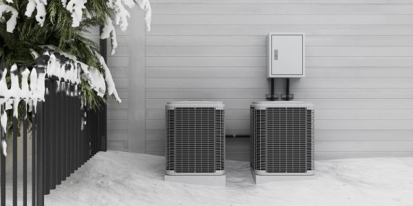 Two air conditioning units next to a snow-covered wall.