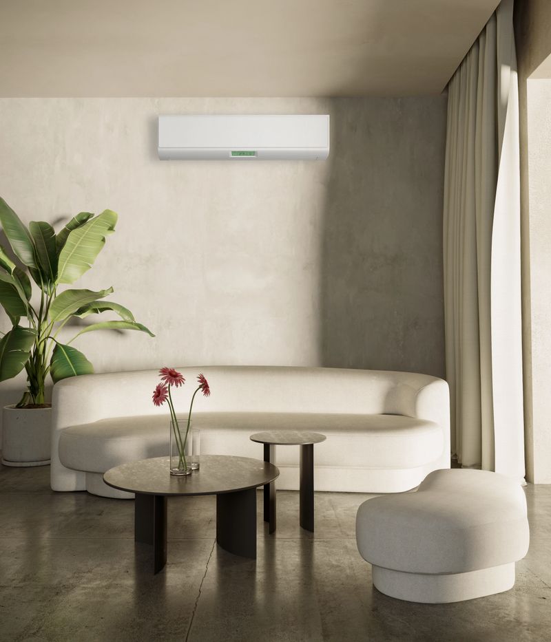 modern bright interiors room with air conditioning and remote control illustration 3D rendering