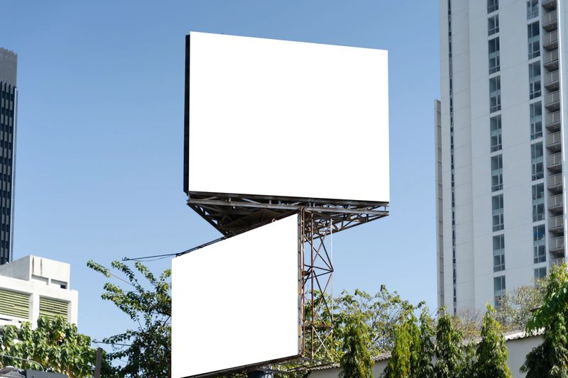 Large blank billboard mockup in an urban area with blue sky and modern buildings, ideal for outdoor advertising, branding, marketing campaigns, and copy space. Clipping path.
