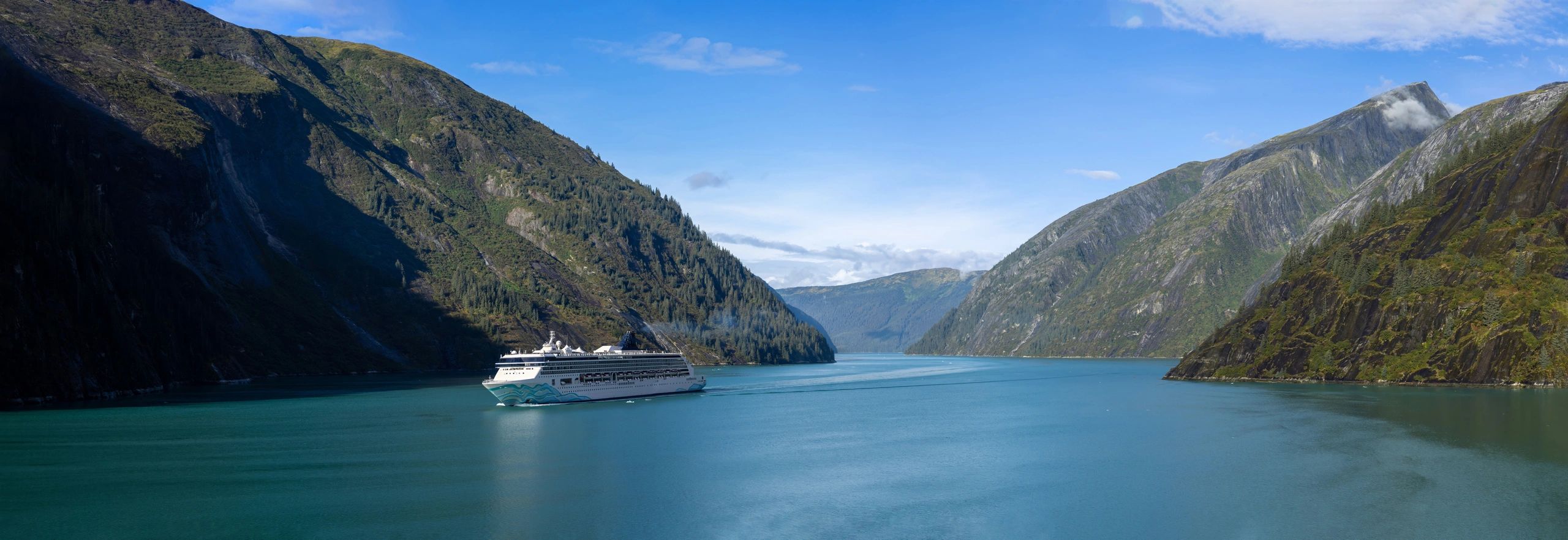 Cruise ship sailing through a scenic fjord with towering mountains.