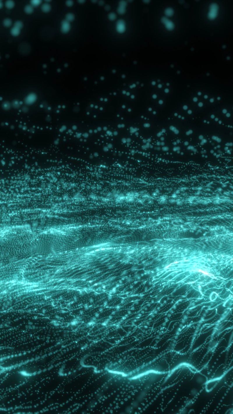 Abstract cyan glowing particles forming dynamic waves on a dark background, symbolizing data visualization and motion.