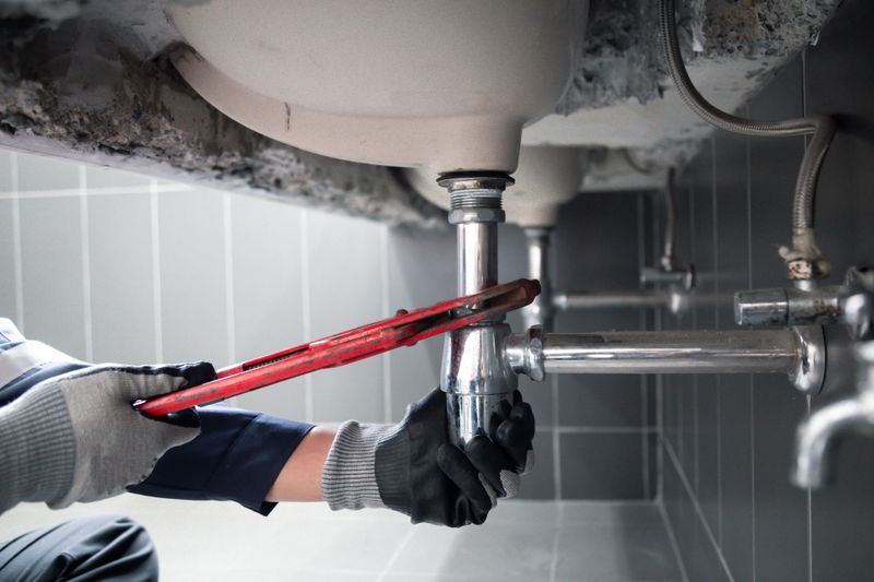 Plumber uses wrench to repair water pipe under sink There is maintenance to fix the water leak in the bathroom.