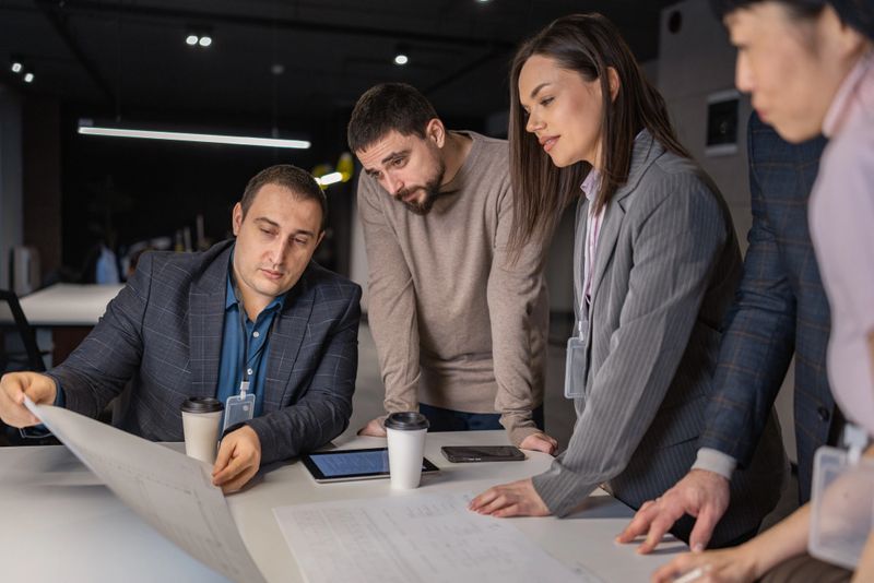 A group of multi-ethic colleagues gather around a table in a modern office to review blueprints and digital data, illuminated by focused overhead lighting.