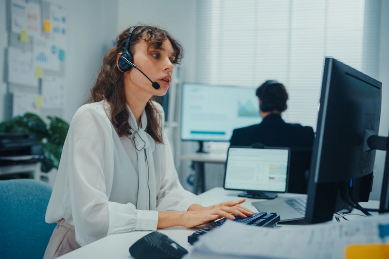 Young customer service agent wearing headset talks to a client while working at a desktop computer in call center office. Sales support, contact center support and professional communication.
