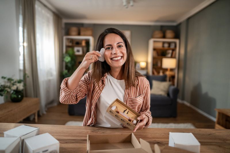 Smiling woman displaying a gua sha tool on her cheek while unboxing new skincare products with a jade roller, presenting a healthy lifestyle and beauty routine at home