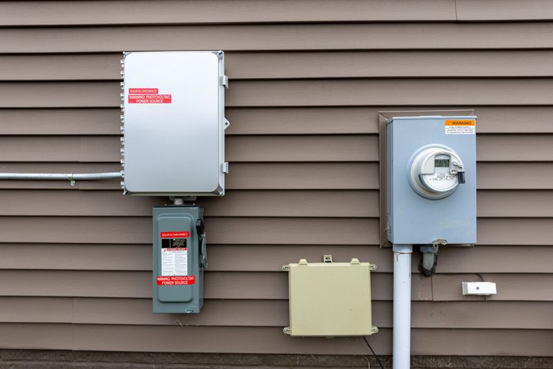 Solar Power Inverter and Breaker next to the Electric Meter mounted on the side of a home