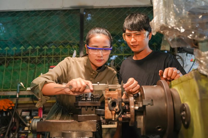 Students learn precision machining techniques under expert guidance enhancing their skills in a hands-on workshop.