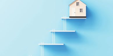 Small house on top shelf with ladders connecting steps.