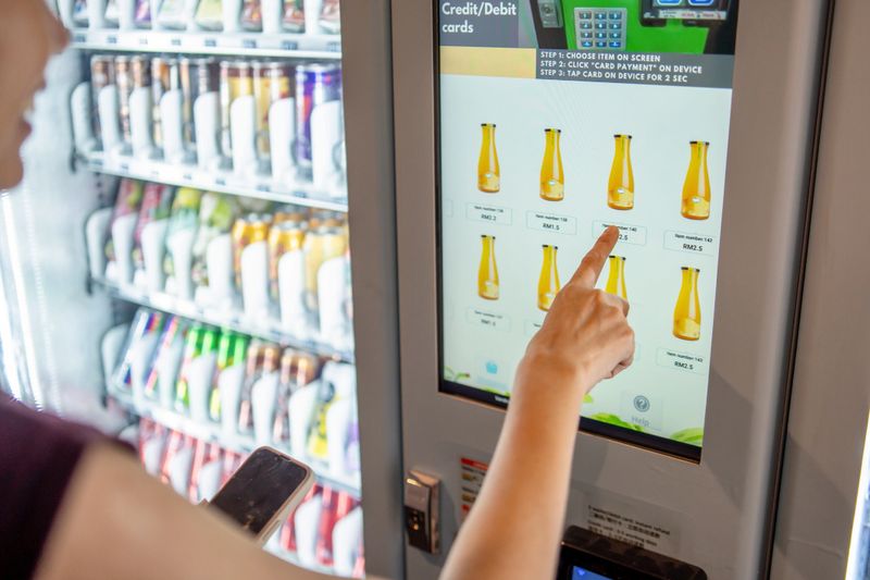 human hand tapping on vending machine to purchase juice, showcasing contactless, tap-to-pay, and digital shopping technology