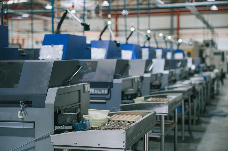 Wide view of automated CNC machining stations and control panels inside a modern manufacturing plant