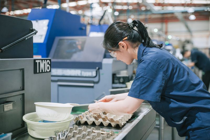 Asian female factory worker wearing safety glasses inspects and handles trays beside industrial machinery inside a modern manufacturing facility