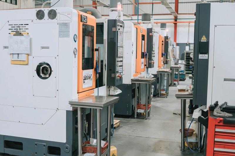 Perspective view down a factory aisle with multiple CNC industrial machines and work tables, illustrating manufacturing production capacity and industrial operations