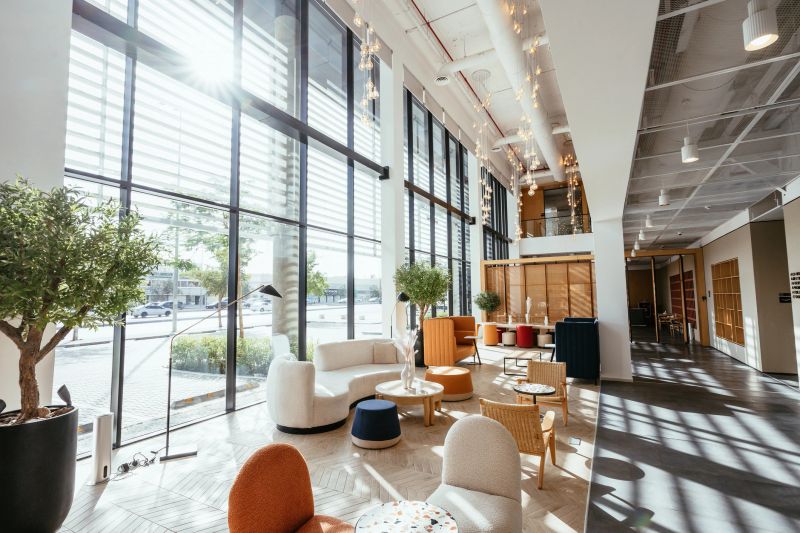 Large bright office space and lobby with large windows