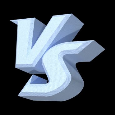 3D light blue 'VS' letters on a black background.