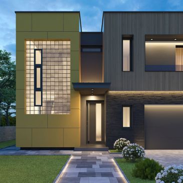 Modern two-story house exterior with mixed materials and large window.