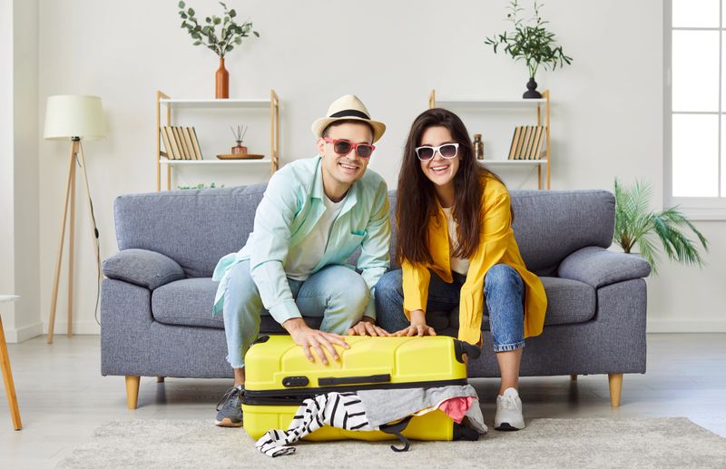 Cheerful positive couple sitting on couch in living room preparing for holiday trip. Young family packing their suitcase together, smiling and looking at camera. Summer traveling preparation concept.
