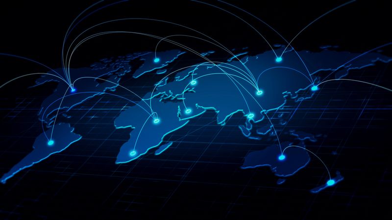 Global business network concept with connected world map illustrating international trade, corporate communication, digital economy, and cross-border business operations.