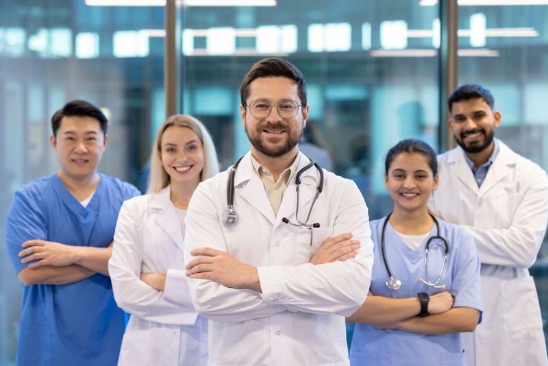 A team of diverse healthcare professionals confidently smiling in a modern hospital setting. Showcasing teamwork and dedication in providing quality medical care and fostering trust with patients.
