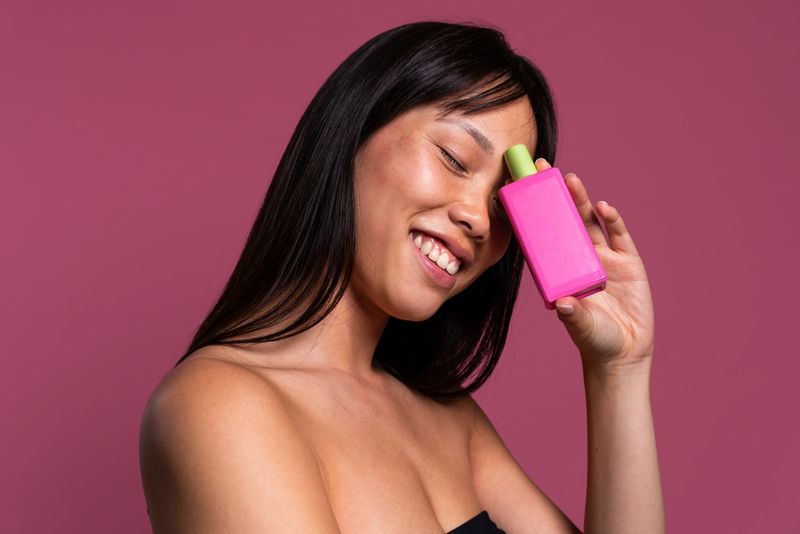 Beautiful chinese woman portrait on colorful background. Asian woman smiling with eyes closed, holding a pink bottle of beauty product against her forehead on a vibrant background