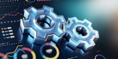 Two metallic gears on a futuristic digital background.
