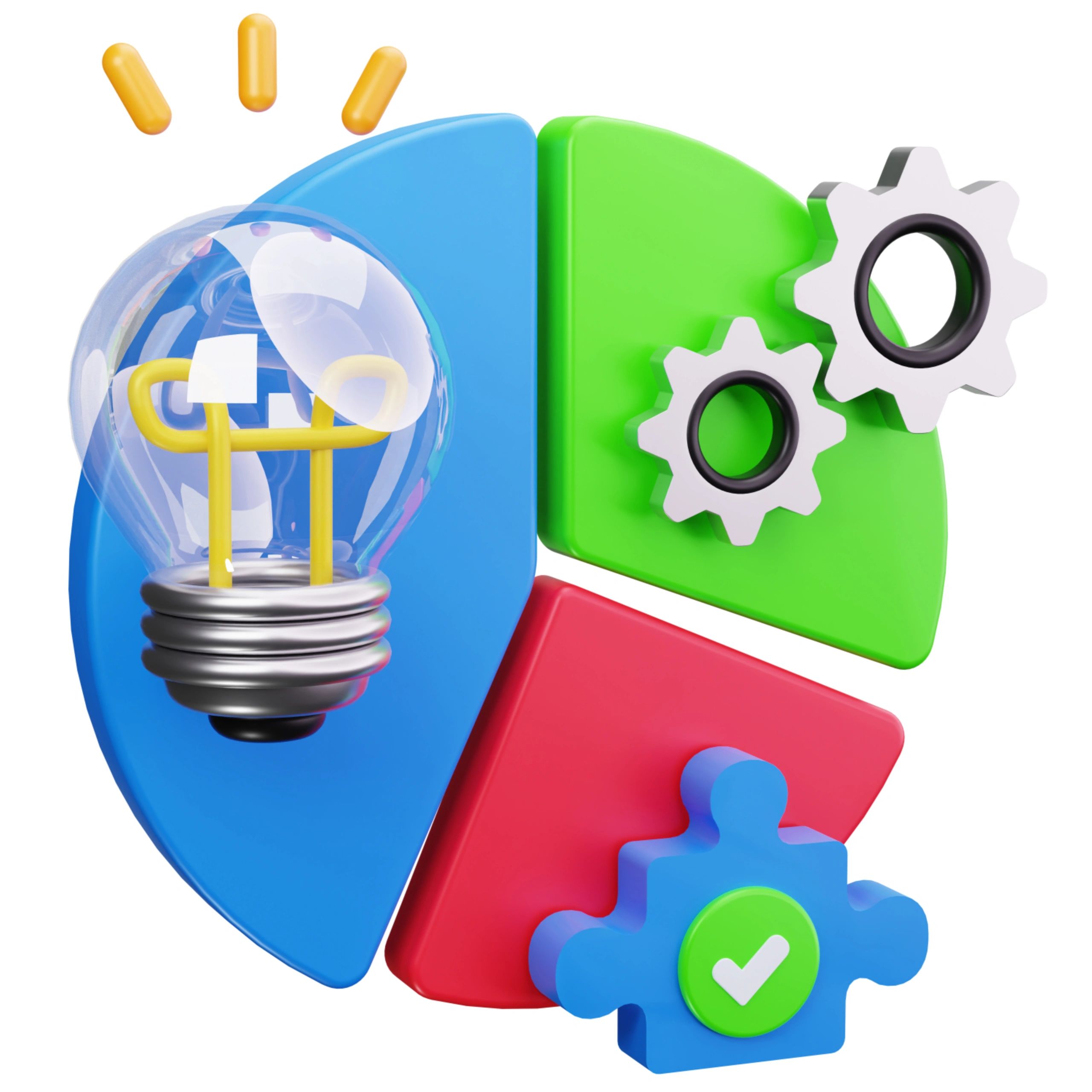 Colorful pie chart with lightbulb, gears, and puzzle piece icons.