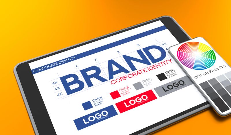 This dynamic 3D illustration showcases the creative process of corporate branding, featuring a digital tablet displaying a "BRAND" identity blueprint against a vibrant yellow background. A smartphone rests nearby, showing a color palette application, emphasizing the integration of technology in modern graphic design. The composition highlights key elements like logo development, CMYK color swatches, and layout planning, creating a professional yet energetic atmosphere. Perfect for marketing agencies, design studios, rebranding campaigns, and creative portfolios looking to illustrate their workflow. Ideal for businesses seeking to visualize the development of a strong commercial identity, visual strategy, and the precision required in building a recognizable market presence.